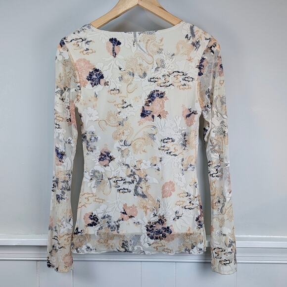 Wrapper Y2K Sheer Mesh Layered V Neck Bell Sleeve White Cream Floral Dragon Top - Picture 4 of 11